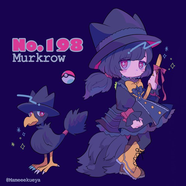 Anime picture 1923x1923 with pokemon nintendo murkrow mameeekueya single long hair highres black hair simple background red eyes standing signed full body character names twitter username dark background low ponytail personification blush stickers gen 2 pokemon