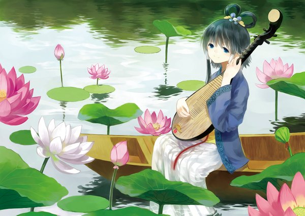 Anime picture 1366x971 with vocaloid vocaloid china luo tianyi moekon bot (artist) single short hair blue eyes black hair girl hair ornament flower (flowers) water musical instrument watercraft boat pipa (instrument)