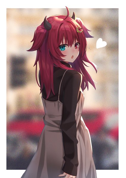 Anime picture 2000x2830 with virtual youtuber nijisanji yuzuki roa ashisi single long hair tall image blush fringe highres open mouth red eyes standing ahoge red hair long sleeves horn (horns) aqua eyes blurry two side up