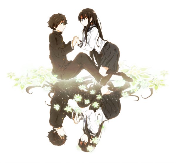 Anime picture 1427x1328 with hyouka kyoto animation chitanda eru oreki houtarou chachi azuzu (artist) long hair fringe short hair black hair simple background white background green eyes couple glowing holding hands reflection girl boy skirt uniform