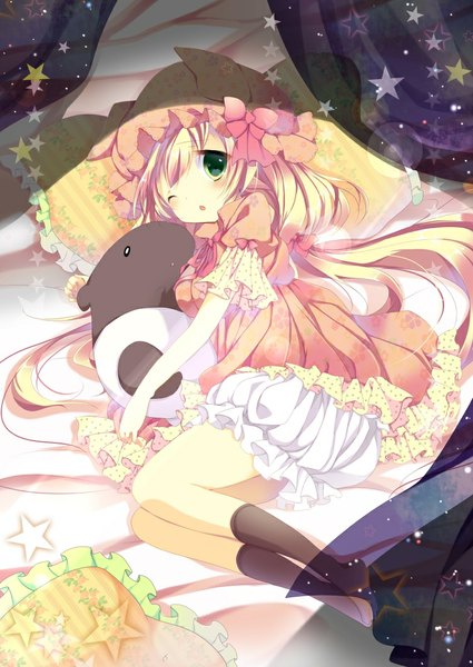 Anime picture 752x1062 with original umino mizu long hair tall image blush blonde hair green eyes lying one eye closed wink loli girl dress socks star (symbol) black socks toy stuffed animal bonnet