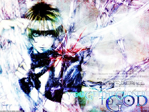 Anime picture 1024x768 with angel sanctuary tenshi kinryouku tenshi kinryoku mudou setsuna yuki kaori single looking at viewer short hair blue eyes blonde hair simple background brown hair signed third-party edit boy gloves weapon wings glasses feather (feathers)