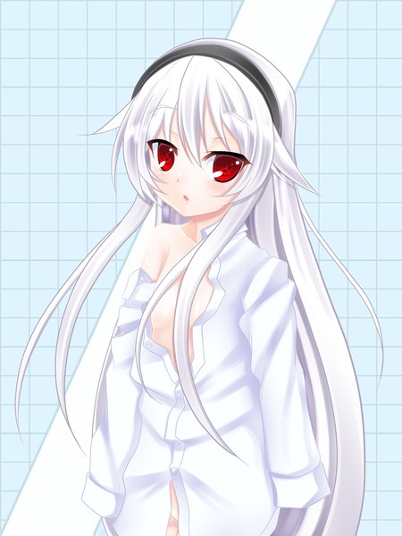 Anime picture 1200x1600 with original afilia (kiyomin) kiyomin single long hair tall image blush light erotic red eyes white hair flat chest hair over breasts naked shirt girl