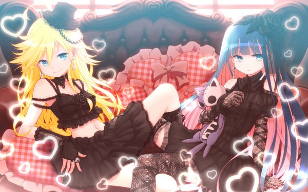 Anime picture 1920x1200 with panty & stocking with garterbelt anarchy stocking anarchy panty kuinji 51go long hair highres blue eyes blonde hair wide image multiple girls purple hair multicolored hair two-tone hair colored inner hair goth-loli girl dress hair ornament 2 girls hat