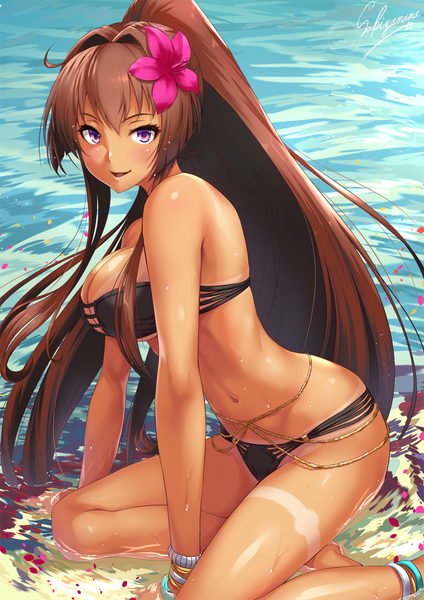 Anime picture 800x1131 with kantai collection yamato super battleship sakiyamama single long hair tall image looking at viewer blush fringe breasts open mouth light erotic smile hair between eyes brown hair large breasts sitting purple eyes signed bent knee (knees)