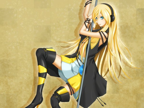 Anime picture 1200x900 with vocaloid lily (vocaloid) single long hair looking at viewer blush blonde hair green eyes turning head pole dancing striptease girl ribbon (ribbons) headphones thigh boots