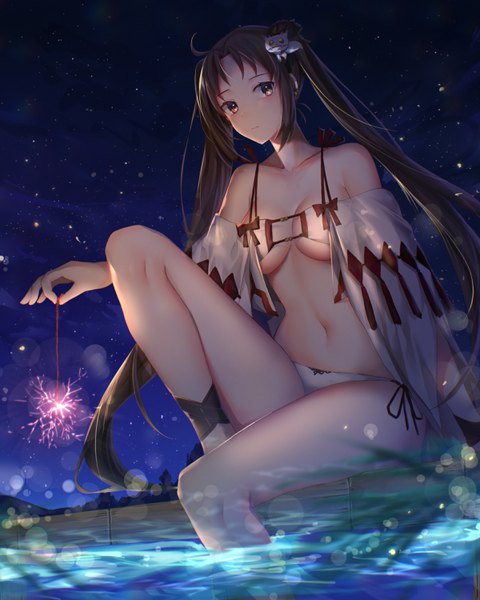 Anime picture 2400x3000 with fate (series) fate/grand order yu mei-ren (fate) yu miaoyi (swimsuit lancer) hitomin (ksws7544) single long hair tall image looking at viewer blush fringe highres breasts light erotic brown hair large breasts sitting twintails holding brown eyes