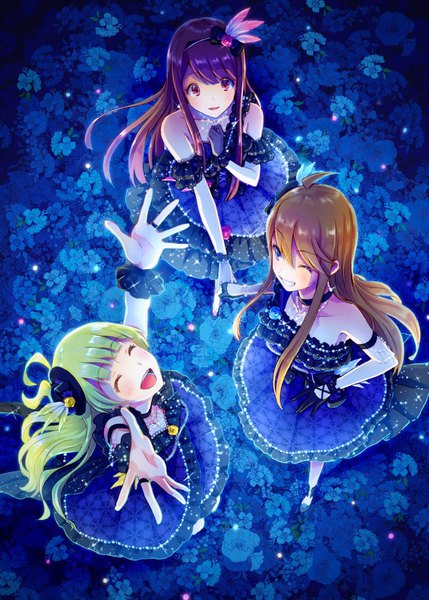 Anime picture 1182x1653 with idolmaster idolmaster million live! tokoro megumi tanaka kotoha shimabara elena witoi (roa) long hair tall image open mouth blue eyes smile brown hair standing bare shoulders multiple girls brown eyes ahoge eyes closed one eye closed green hair