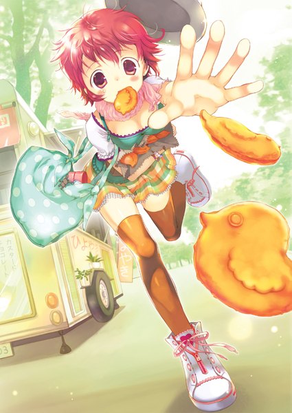 Anime picture 1075x1518 with original takeda mika single tall image blush short hair red eyes holding red hair zettai ryouiki outstretched arm polka dot food in mouth girl thighhighs skirt black thighhighs plant (plants) hat miniskirt