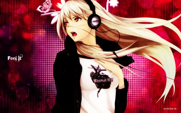 Anime picture 1280x800 with original tenka sanbun (artist) long hair open mouth blonde hair red eyes wide image looking away very long hair wind inscription wallpaper red background girl headphones insect butterfly wire (wires)