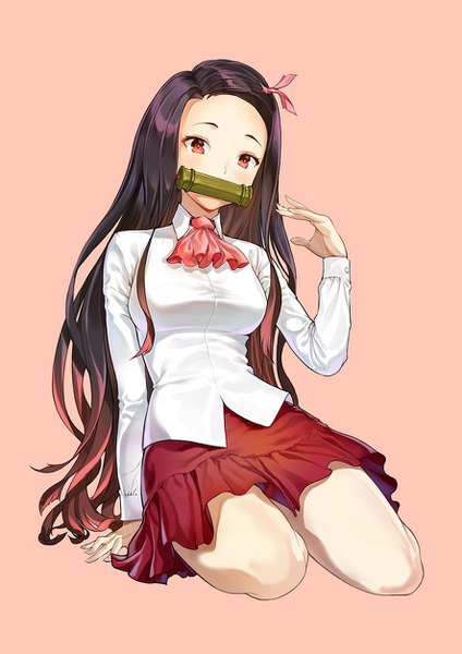 Anime picture 886x1253 with kimetsu no yaiba ufotable kamado nezuko joe (pixiv 5075180) single long hair tall image looking at viewer blush breasts black hair simple background large breasts sitting holding brown eyes full body arm support alternate costume mouth hold