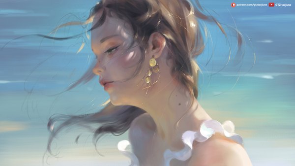 Anime picture 1600x900 with original g-tz single long hair brown hair wide image bare shoulders signed looking away outdoors profile wind lips realistic mole grey eyes girl earrings water