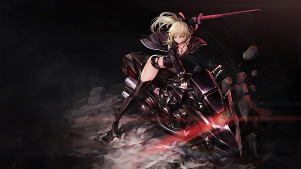 Anime picture 1920x1080 with fate (series) fate/grand order artoria pendragon (all) saber alter goomrrat single long hair fringe highres breasts blonde hair hair between eyes wide image standing holding yellow eyes looking away full body ponytail from above