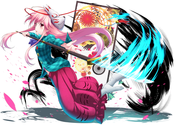 Anime picture 3300x2333 with touhou hata no kokoro aono meri single long hair blush highres open mouth white background pink hair absurdres full body pink eyes :o shadow jumping mask on head girl dress weapon