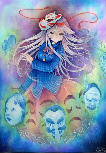 Anime picture 1043x1500 with touhou hata no kokoro mosho single long hair tall image signed looking away pink hair pink eyes mask on head traditional media watercolor (medium) girl mask fox mask