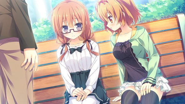 Anime picture 1280x720 with clover day's tagme (character) long hair blush short hair blue eyes brown hair wide image sitting multiple girls brown eyes game cg head out of frame girl thighhighs dress black thighhighs 2 girls glasses