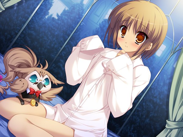 Anime picture 1200x900 with prismrhythm (game) single blush short hair brown hair sitting yellow eyes game cg girl shirt