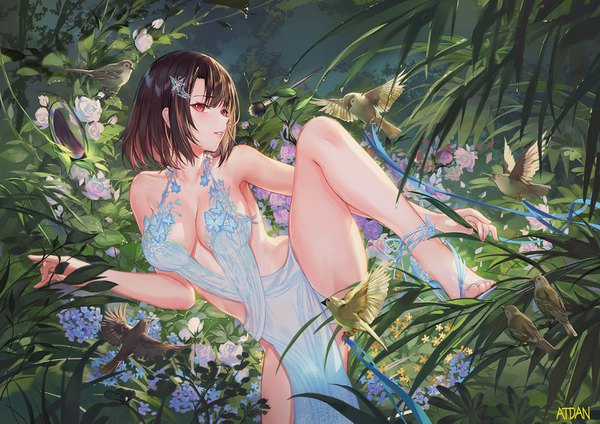 Anime picture 1500x1061 with original atdan single looking at viewer blush fringe short hair breasts light erotic red eyes brown hair large breasts standing bare shoulders signed bent knee (knees) outdoors parted lips bare legs high heels