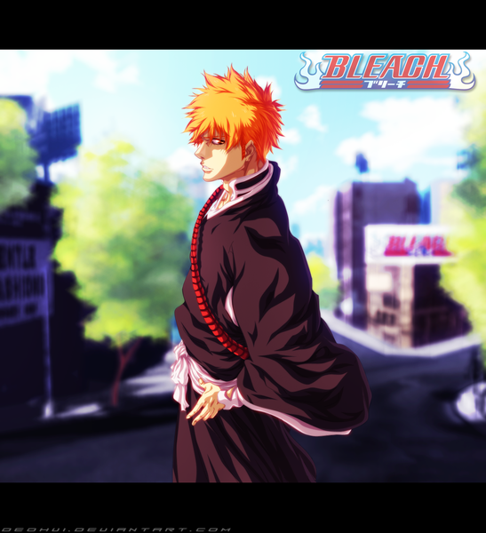 Anime picture 1217x1334 with bleach studio pierrot kurosaki ichigo deohvi single tall image short hair sky cloud (clouds) traditional clothes japanese clothes sunlight orange hair inscription orange eyes coloring watermark letterboxed street boy