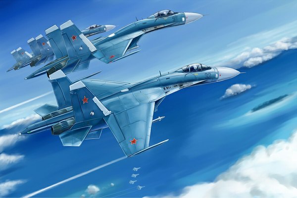 Anime picture 1000x667 with original kcme sky cloud (clouds) flying pilot weapon airplane jet su-27