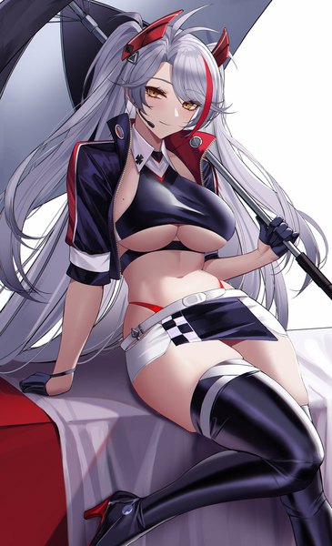 Anime picture 2000x3290 with azur lane prinz eugen (azur lane) prinz eugen (final lap) (azur lane) eternity (shadeh) single long hair tall image looking at viewer fringe highres breasts light erotic simple background smile hair between eyes large breasts white background sitting holding yellow eyes