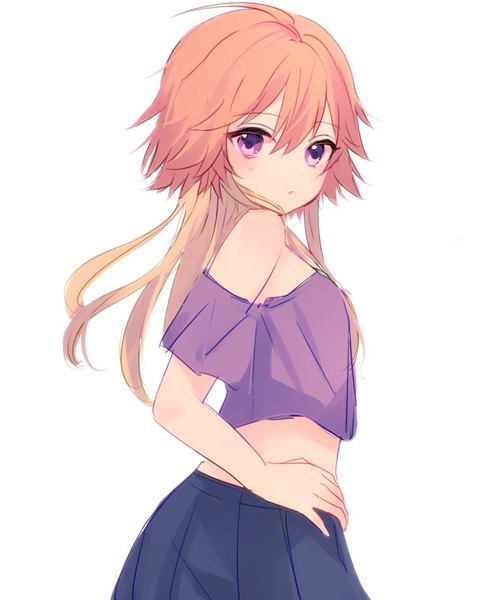 Anime picture 950x1135 with idolmaster idolmaster cinderella girls ninomiya asuka yuusa (natumikan122) single long hair tall image looking at viewer fringe blonde hair simple background hair between eyes white background purple eyes bare shoulders multicolored hair orange hair two-tone hair midriff hand on hip