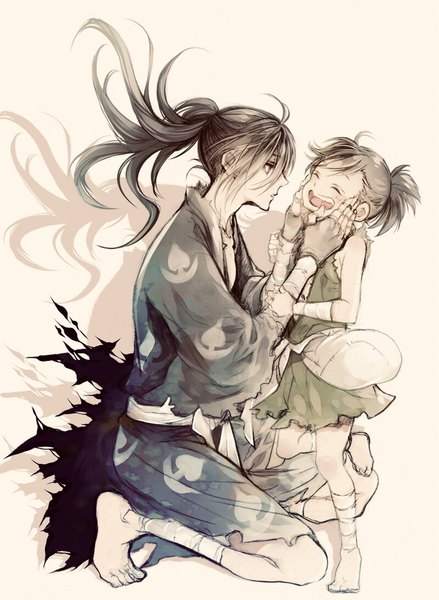 Anime picture 750x1026 with dororo (tezuka) hyakkimaru (dororo) dororo (character) sugahara ryuu long hair tall image fringe short hair open mouth black hair simple background hair between eyes ahoge ponytail eyes closed traditional clothes japanese clothes profile barefoot shadow