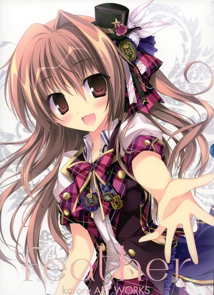 Anime picture 2550x3509 with original aomi maika karory single long hair tall image looking at viewer blush highres open mouth brown hair brown eyes scan one side up girl dress navel hair ornament bow hat
