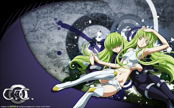 Anime picture 1280x800 with code geass sunrise (studio) c.c. long hair looking at viewer fringe light erotic wide image bare shoulders multiple girls yellow eyes payot green hair :o dual persona girl navel 2 girls