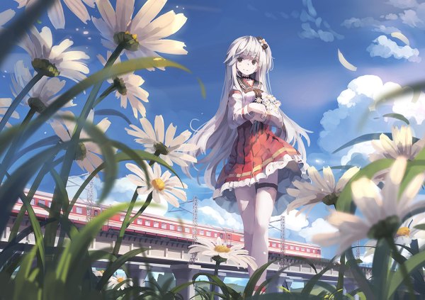 Anime picture 1200x847 with original huanxiang huifeng single long hair looking at viewer fringe smile holding brown eyes sky cloud (clouds) outdoors white hair long sleeves pleated skirt sunlight side ponytail walking frilly skirt upskirt