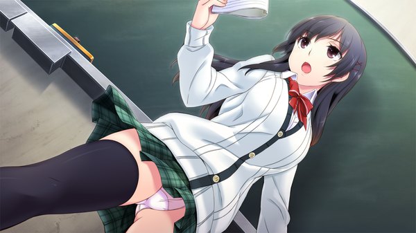 Anime picture 1280x720 with tsuisou no augment hinasaki you long hair open mouth light erotic black hair red eyes wide image game cg girl thighhighs skirt uniform underwear panties black thighhighs school uniform miniskirt