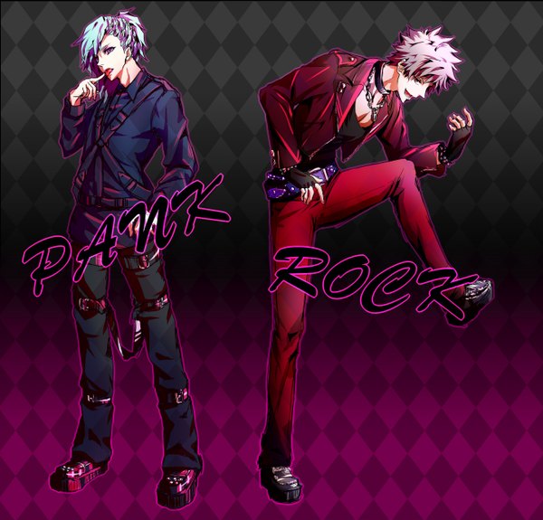 Anime picture 1330x1276 with uta no prince-sama a-1 pictures mikaze ai kurosaki ranmaru shinshi27 short hair open mouth simple background red eyes standing bent knee (knees) pink eyes aqua eyes grey hair aqua hair open clothes open jacket multiple boys grey eyes leaning