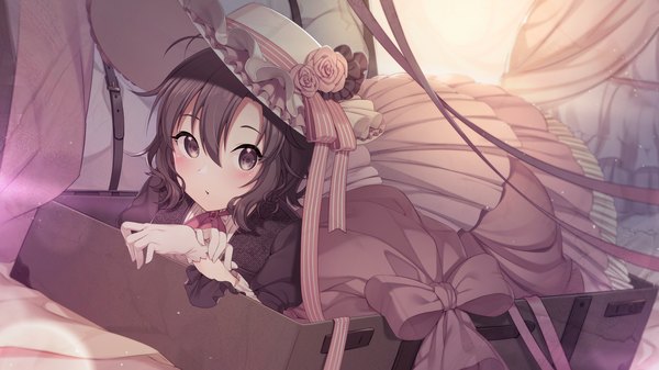 Anime picture 2560x1440 with idolmaster idolmaster (classic) kikuchi makoto thiana0225 single looking at viewer blush fringe highres short hair hair between eyes brown hair wide image brown eyes indoors in container girl dress gloves flower (flowers)