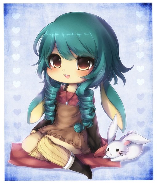 Anime picture 1127x1326 with original midna01 single long hair tall image blush fringe open mouth smile brown eyes green hair chibi framed girl thighhighs dress animal choker bunny