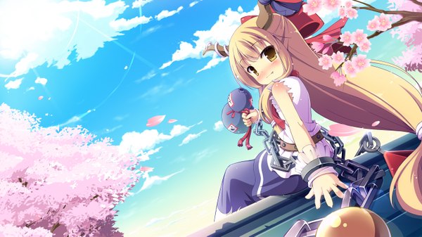 Anime picture 1400x787 with touhou ibuki suika masaki (machisora) long hair blush blonde hair wide image sitting yellow eyes cloud (clouds) looking back horn (horns) cherry blossoms girl petals chain