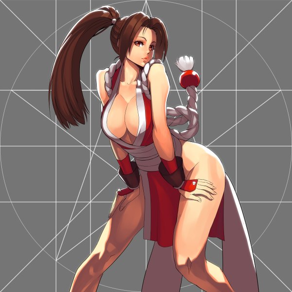 Anime picture 2560x2560 with capcom fighting evolution capcom shiranui mai ogami single long hair highres breasts light erotic red eyes brown hair large breasts bare shoulders cleavage ponytail traditional clothes grey background girl