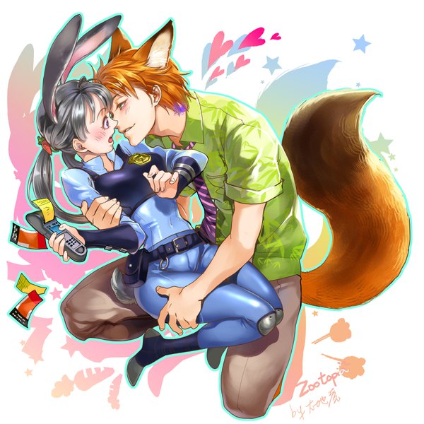 Anime picture 2953x2953 with zootopia disney judy hopps nick wilde chushengdao long hair blush fringe highres short hair open mouth smile purple eyes twintails holding green eyes signed animal ears full body bent knee (knees)