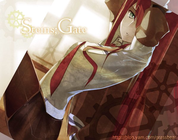 Anime picture 1950x1533 with steins;gate white fox makise kurisu cao xiong (tlb12121) single long hair highres brown hair green eyes girl necktie gears