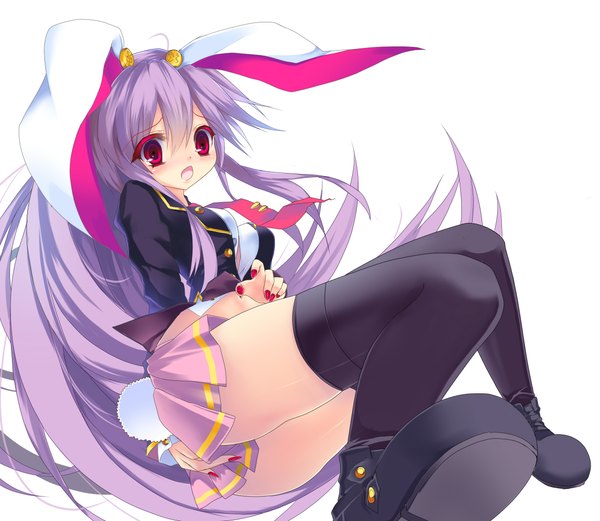 Anime picture 2300x2000 with touhou reisen udongein inaba tinkvov (artist) long hair highres open mouth light erotic red eyes white background purple hair nail polish animal tail bunny ears bunny girl girl thighhighs black thighhighs