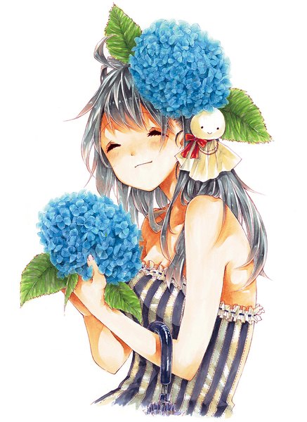 Anime picture 861x1181 with original kawana (spicaboy) single long hair tall image blush black hair simple background white background bare shoulders eyes closed hair flower light smile striped closed umbrella girl dress flower (flowers) umbrella hydrangea