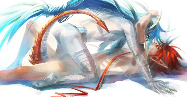 Anime picture 1024x536 with original egosun (artist) long hair short hair light erotic simple background red eyes wide image white background blue hair red hair tail lying horn (horns) aqua eyes pointy ears aqua hair couple hug demon tail