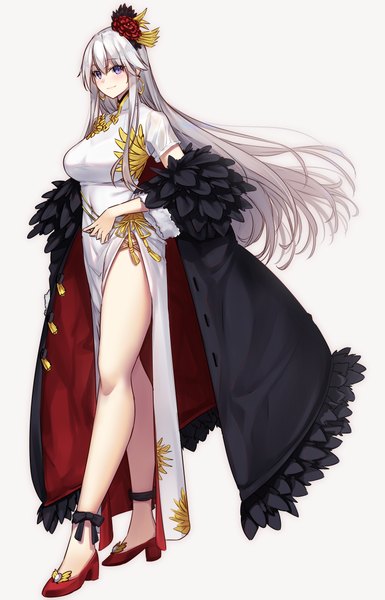 Anime picture 2894x4513 with azur lane enterprise (azur lane) enterprise (blooming peony) (azur lane) yamanokami eaka single long hair tall image looking at viewer blush fringe highres breasts simple background smile hair between eyes standing purple eyes silver hair full body traditional clothes