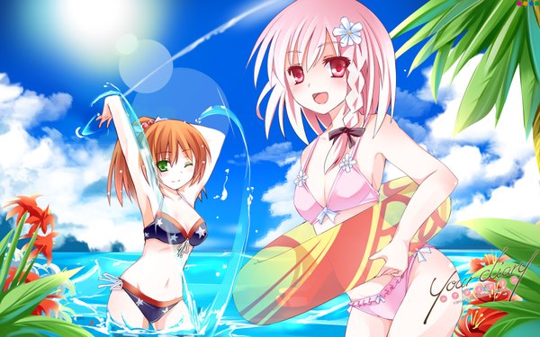 Anime picture 1920x1200 with your diary yua (your diary) minagawa yuuhi kantoku mutou kurihito highres short hair open mouth smile red eyes wide image multiple girls green eyes pink hair sky cloud (clouds) one eye closed hair flower wink orange hair