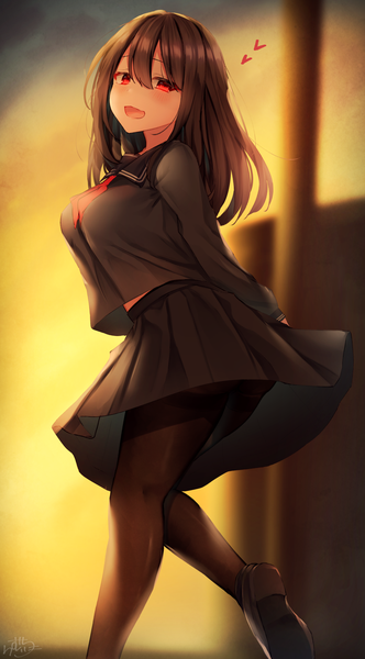 Anime picture 1134x2048 with original yandere-chan (ramchi) ramchi single long hair tall image looking at viewer blush fringe breasts open mouth light erotic hair between eyes red eyes brown hair large breasts standing signed long sleeves pleated skirt