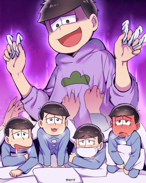 Anime picture 800x1000 with osomatsu-san matsuno osomatsu matsuno karamatsu matsuno ichimatsu matsuno choromatsu matsuno todomatsu mery (yangmalgage) tall image blush short hair open mouth black hair sitting signed lying black eyes multiple boys sweat shaded face on stomach