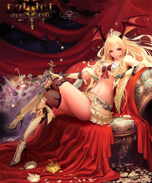 Anime-Bild 848x1024 mit shingeki no bahamut shadowverse queen vampire (shadowverse) tachikawa mushimaro (bimo) single long hair tall image looking at viewer breasts light erotic blonde hair large breasts sitting bare shoulders absurdres full body bent knee (knees) pink eyes light smile bare belly