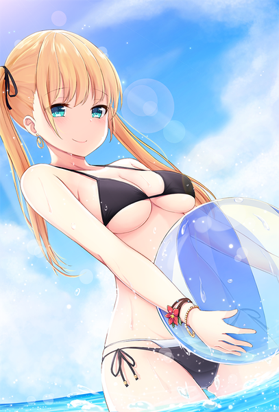 Anime picture 720x1061 with original hicha nomu single long hair tall image fringe breasts light erotic blonde hair smile large breasts twintails sky cloud (clouds) aqua eyes underboob looking down girl swimsuit bikini