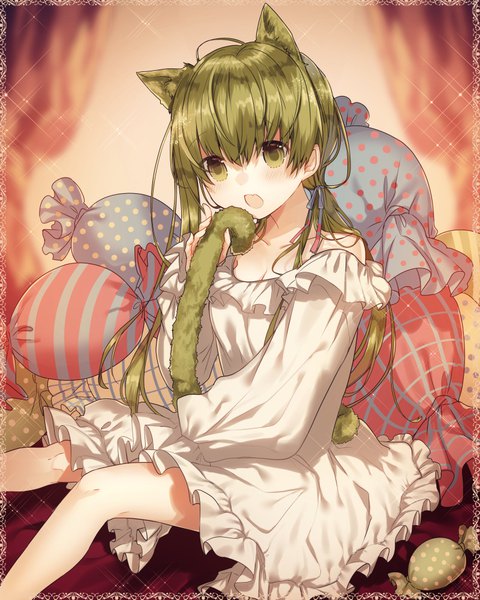 Anime picture 800x1000 with shiro seijo to kuro bokushi original cecilia (shiro seijo to kuro bokushi) teigi single long hair tall image open mouth sitting green eyes animal ears tail animal tail green hair cat ears :o sparkle cat girl cat tail low ponytail