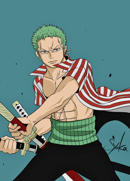Anime picture 1427x1980 with one piece toei animation roronoa zoro one syuka single tall image looking at viewer short hair simple background standing holding signed green hair black eyes open shirt piercing ear piercing scar blue background muscle