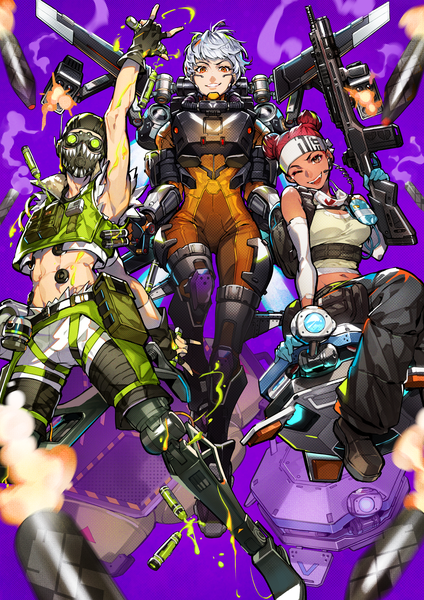 Anime picture 1765x2500 with apex legends valkyrie (apex legends) octane (apex legends) d.o.c. health drone lifeline (apex legends) mika pikazo tall image looking at viewer highres short hair open mouth smile multiple girls silver hair red hair arm up official art midriff hair bun (hair buns) orange eyes